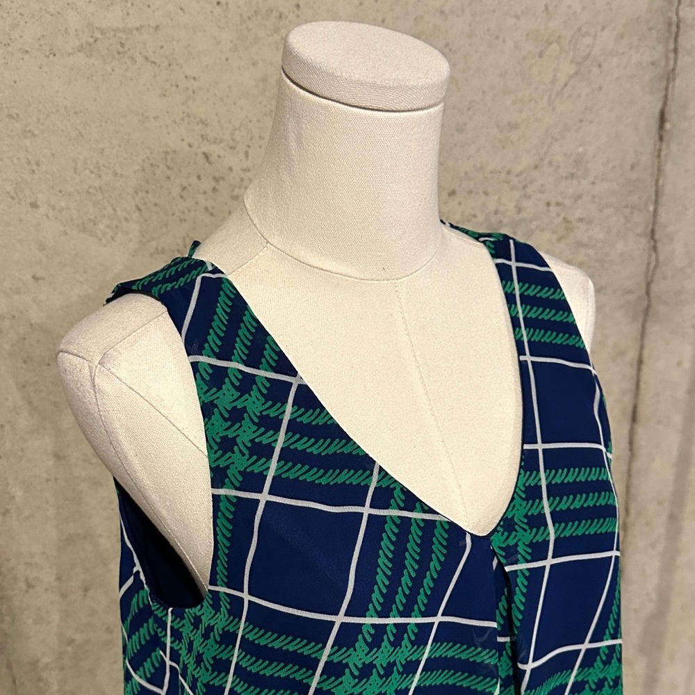 Crescent Navy & Green Plaid Sleeveless A-Line Dress | Resortwear | Size M - Picture 2 of 6